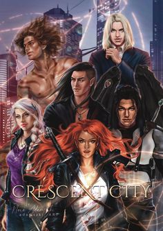 the cover to crescent city, featuring four characters in front of a cityscape