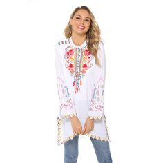 Women's Long Sleeve Blouse Embroidery Bohemia Style Spring Long Sleeve Top With Geometric Embroidery, Long Sleeve Embroidered Top With Geometric Design For Spring, Bohemian Long Sleeve Tops With Geometric Embroidery, White Long Sleeve Tops With Intricate Embroidery, Long Sleeve Embroidered Top For Summer, White Embroidered Top For Fall, Bohemian Long Sleeve Tops With Embroidered Hem, Spring Festival Embroidered Long Sleeve Top, Folk Style Embroidered Long Sleeve Tops