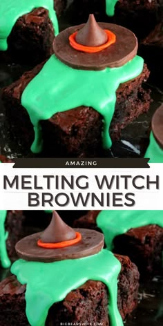 melting witch brownies with green icing on top and an orange trick in the middle