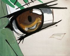 an eye with green leaves around it and a yellow banana in the iris's eye