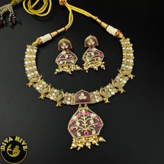 Our special Handcrafted fusion necklace is curated on brass ,hand painted and meena work on real stones pendant. This is a absolutely gorgeous and trending Piece.Metal: Brass with 92.5 SilverPolish: Gold Nickel FreePerfect for all occasion(Party, Wedding ,Engagement)Note: This product is handcrafted and vintage, it has slight irregularities in design which only add to its beauty. Due to the differences in displays of computers/laptops/phones or may be photographic lighting sources the color of t Kundan Pendant Temple Necklace As Gift, Kundan Temple Necklace With Pendant For Gift, Unique Meenakari Necklaces For Festivals, Meenakari Jewelry Pendant As A Gift, Meenakari Pendant Jewelry For Puja, Celebration Pendant Necklace With Cutdana, Celebration Cutdana Pendant Necklace, Cutdana Pendant Bridal Necklace Gift, Cutdana Pendant Bridal Necklace