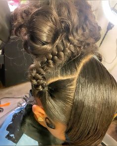 Hoco Hairstyles Natural Hair, Wedding Hairstyles Inspiration, Black Hoco Hairstyles, Two Braids Going Back With Hair Down, Creative Straight Hairstyles, Homecoming Hairstyles For Short Length, Birthday Hairstyles For 14th Birthday, To Buns Hairstyle, Up Do Black Hairstyles