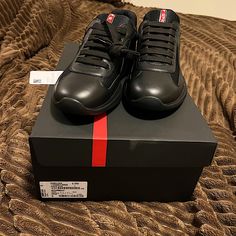 Classic Prada Low-Sneakers. Comfy And Cozy Sneakers That Can Go With Anything. They Are A Mens Size, But The Shoe Is Unisex Prada Shoes Black, Black Prada Shoes, Cozy Sneakers, Black Fact, Prada Shoes, Low Sneakers, Black Sneakers, Work Shoes, Shoes Black