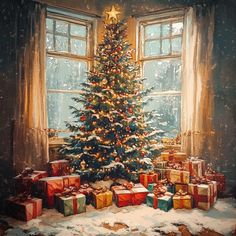 a painting of a christmas tree with presents under it