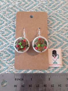 Handmade polymer clay Ramen or Pho earrings in porcelain bowl with sterling silver bead cap and hypoallergenic fish hook earwire. Ready to ship. Gift wrapped.