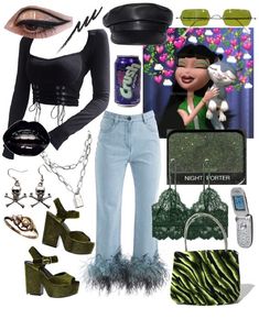 jade bratz Black Bratz Outfits Inspiration, Bratz Doll Outfits Halloween Jade, Bratz Clothes Aesthetic, Jade Bratz Doll Outfits, Modest Bratz Outfits, Bratz Clothes Outfits, Bubblegum Core Outfit, 2000s Bratz Outfits, Bratz Core Outfit