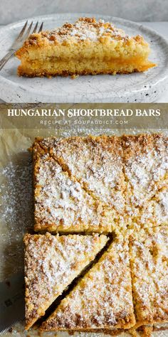 two different types of desserts sitting on top of each other with the words, hungarian shortbread bars