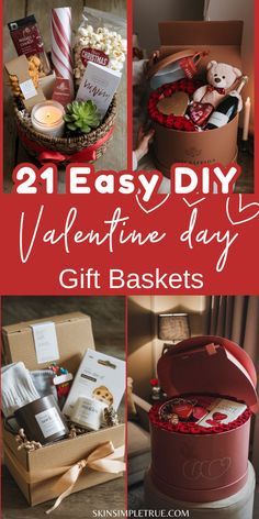 valentine's day gift baskets with the words 21 easy diy valentine's day gifts