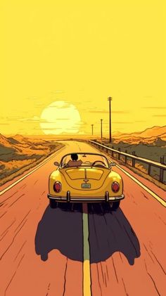 a yellow car driving down the road in front of an orange sky with sun behind it