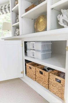 What used to take up the ENTIRE top shelf now only takes up about ¼ of the space – that’s some pretty precious real estate that got freed up! Click the link to see what I did to get it this organized!