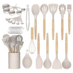 the kitchen utensils are arranged in a variety of shapes and sizes, including spatulas