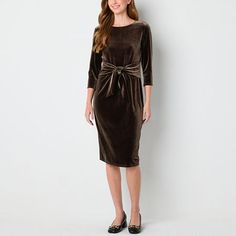 Crafted from soft velvet in a rich brown hue, this R & K Originals women's shift dress is perfect for special occasions during the cooler months. It features a round neckline, three-quarter fitted sleeves, a tie-waist, and a knee length. Add heels and a clutch. Closure Type: Pullover HeadNeckline: Round NeckSleeve Length: 3/4 SleeveSleeve Style: Fitted SleeveApparel Length: 43 InchesDress Length: Knee LengthFiber Content: 96% Polyester, 4% SpandexFabric Description: VelvetCare: Line Dry, Hand Wa Large Dresses, Medium Dresses, Small Dresses, Womens Shift Dresses, Shift Dresses, Fitted Sleeves, Large Dress, Medium Dress, Small Dress