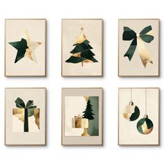 four framed christmas cards with gold and green ornaments hanging from the top, on a white background