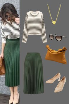 Outfit Inspo | Striped Round Neck White Jumper, Green Pleated Midi Skirt | with Brown Leather Handbag and Beige Heels | Outfit Inspiration | Casual Skirt Outfit | Casual Work Outfit Pleated Skirt With Belt Outfit, Sage Green Pleated Skirt Outfit, Green Pleated Skirt Outfit Classy, Skirt Snd Sweater Outfits, Folded Skirt Outfit, Forest Green Pants Outfit Work, Hunter Green Skirt Outfit, Green Skirt Winter Outfit, Grey Short Skirt Outfit