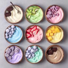 six small bowls filled with different types of desserts