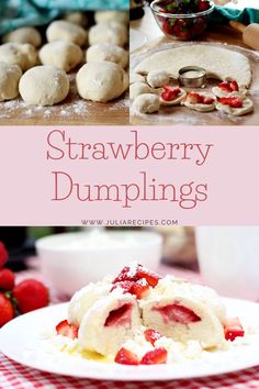 strawberry dumplings on a white plate with strawberries and other food in the background