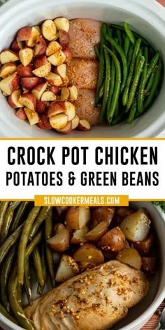 crock pot chicken potatoes and green beans in a white bowl with text overlay