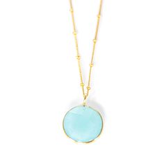 Our beautiful Hannah necklace is simple yet elegant. You can dress up or down with any of our other pieces of jewellery.   Each stone is organically cut and unique, with no two stones looking the same making each jewellery very special.    This Aqua Chalcedony stone is known to be a sacred stone to the Native Americans, using it to promote stability during their ceremonial activities. It is still in use today for meditations.  The Aqua Chalcedony is associated with the throat chakra. This stone is believed to help with stage fright and public speaking. 14k Gold Vermeil Sterling Silver Aqua Chalcedony Gemstone Size of stone 16mm diameter  All of our stones are natural and ethically sourced.  Our jewellery is presented in a gorgeous green and gold box. Turquoise Chalcedony Gemstone Necklace, Chalcedony Natural Stone Round Necklaces, Chalcedony Necklaces With Natural Stones, Large Stone Round Necklace, Round Necklaces With Large Stone, Modern Round Natural Stone Necklaces, Delicate Round Necklace With Natural Stones, Delicate Round Natural Stones Necklace, Delicate Round Natural Stone Necklace