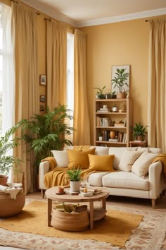 a living room filled with lots of furniture next to a window covered in yellow drapes