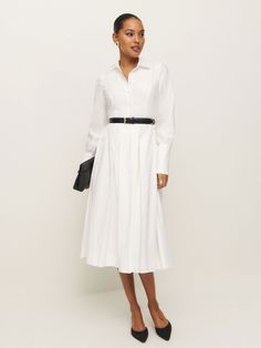 How classic. Shop the Ambra Dress from Reformation, a long-sleeve midi dress with a collared neckline, button front, and puff sleeves. Extra Dresses, Classic Midi Dress, Skirt With Pleats, The Reformation, Heads Up, Long Sleeve Midi, Flowy Skirt, White Midi Dress, New Tops