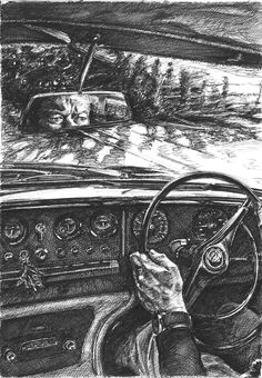 a drawing of a man driving a car in the rain with his head on the steering wheel