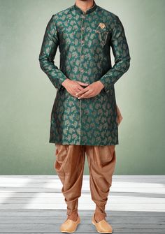 Ready-Made Sherwani With Trouser. Jacquard Brocade Fabric Top. Art Dupion Peshawari Ready Made Trouser. Crafted in Chinese Collar Neck, and Full Sleeve. Satin Lining with Plain Work. High-Quality Matching Buttons. Please Note: The footwear shown in the picture is for presentation and photography purpose only. Color: There might be slight color variation due to lightings and flashes while photo shooting. The color may also vary because of different screen resolutions. Wash Care: Dry Clean Only. Green Raw Silk Sherwani With Cutdana, Brocade Kurta With Cutdana For Navratri, Navratri Brocade Kurta With Cutdana, Brocade Cutdana Kurta For Navratri, Green Raw Silk Bandhgala With Traditional Drape, Green Long Sleeve Sherwani For Transitional Season, Navratri Traditional Drape Kurta With Pallu, Green Bandhgala With Traditional Drape, Transitional Green Raw Silk Sherwani