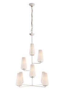 a white chandelier with six lamps hanging from it