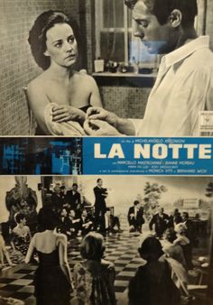 the movie poster for la notte is shown in black and white, with people standing around