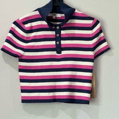 Madden Nyc Pink, Navy Blue, And White Striped Polo With Buttons. Soft Sweater Material. Never Worn And Tag Still On Casual Crew Neck Top With Striped Collar, Casual Striped Collar Crew Neck Top, Trendy Crew Neck Top With Striped Collar, Striped Collared Tops For Day Out, Pink Collared Top With Striped Collar, Trendy Striped Collared Top, Casual Multicolor Tops With Striped Collar, Casual Pink Top With Striped Collar, Trendy Blue Top With Striped Collar