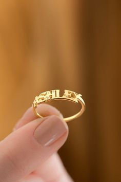 10k 14k 18k Gold Diamond Personalized Name Ring Custom Name | Etsy Personalized Engraved 14k Gold Ring, Yellow Gold Nameplate Jewelry For Anniversary, Dainty Hallmarked Initial Ring As Gift, Personalized Yellow Gold Rings In Fine Jewelry Style, Personalized Fine Jewelry Yellow Gold Rings, 14k Dainty Initial Ring For Anniversary, Gold Sterling Silver Initial Ring For Anniversary, Gold Initial Ring With Hallmarks In 14k Gold, Gold Engraved Name Ring For Wedding