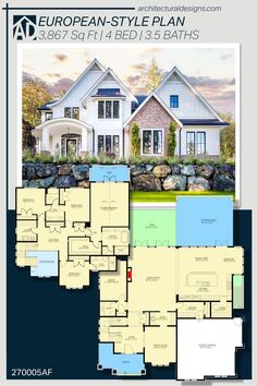 the european style house plan is shown in two different colors and features an open floor plan