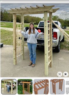 a woman standing in front of a wooden structure next to a white truck and grass