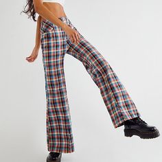 Free People Cristina Pants In Rainbow Gingham Plaid Pattern, Size 6. Low Rise Flare Style. In New Condition, Never Worn, But I Took The Tags Off. Such Cool Pants! Gingham Trousers For Fall, Gingham Cotton Bottoms For Fall, Gingham Cotton Pants For Fall, Retro Plaid Bottoms With Pockets, Cotton Gingham Pants For Fall, Fall Gingham Cotton Pants, Gingham Cotton Pants, Retro Plaid Bottoms For Spring, Fitted Gingham Pants For Fall