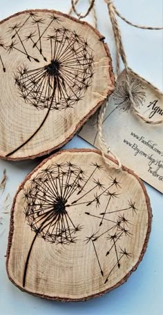 two wooden slices with dandelions on them are tied to twine and placed next to each other