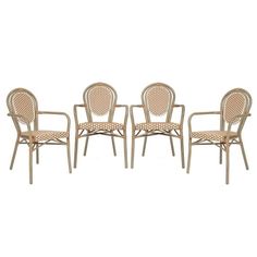 four chairs with caned back and armrests, all in beige wicker