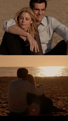 two pictures of people sitting on the beach and one has his arm around another woman's neck