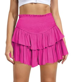 PRICES MAY VARY. 【Fabric】Womens Ruffle hem mini skirt is made of high-quality rayon fabric, soft and comfy, flowy and lightweight, skin-friendly and stretchly, makes you feeling well. 【Features】Shirred elastic high waist, stretchy smocked waistband, tiered ruffled layers, two-tiers of ruffles, flared flowy, fashion pleated hem, fully lined, inner lining, mini length, solid color, casual trendy style. This women's flowy skirt flows naturally when you walk and perfectly shows your charm. 【Occasion Flowy Fashion, Flowy Mini Skirt, Vacation Birthday, Preppy Skirt, Mini Pleated Skirt, Beach Weekend, Tiered Mini Skirt, Ruffle Mini Skirt, White Clothing