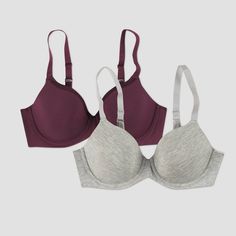 Beauty by Bali Women's 2pk T-Shirt Bras B202 is a beautiful soft comfort T-shirt bra that comes in a 2-pack so you can have double the comfort! With a unique shaped 2-ply back, this bra was specially designed to provide back smoothing and no-slip straps. This bra also features a banded frame to help the bra stay in place and provide additional support. Size: 36C. Color: Gray Melange/Fig. Gender: female. Age Group: adult. Pattern: Solid. Material: Cotton. Bali Women, Velvet Bra, Skater Outfits, Comfy Bra, Vs Bras, Corset Bra, Cute Bras, Cotton Bras, Healthy Routine