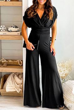 Lasaky - Black Dolman Sleeve V-Neck Jumpsuit Black Jumpsuit Outfit, Summer Transition, Plain Jumpsuits, Jumpsuit Chic, Spring Outfits 2022 Trends, Backless Jumpsuit, Jumpsuit Outfit, Spring Outfits 2022, Romper Outfit