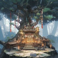 AI・ご神木 Lantern Rite, Asian Landscape, Props Concept, Game Concept Art, Scene Design, Fantasy Creatures Art, Japanese Architecture