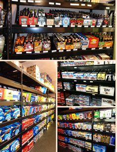 there are many shelves with different types of beverages on them in the store, and one is empty