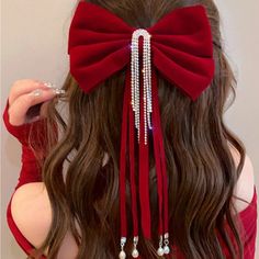 Super Cute And Stylish Ships In 5-10 Business Days Jingle Bell Hair Bow, Hair Accessories For Christmas, Nutcracker Hair Accessories, Red Christmas Hair Bow, Red Hair Clips, Elegant Ponytail, Wine Red Hair, Diy Hair Accessories Ribbon, Party Hair Accessories