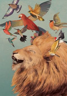 a lion with many birds flying around it's neck and head, in front of a blue background