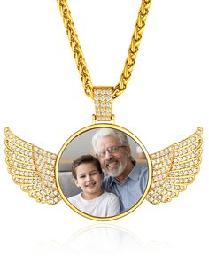 PRICES MAY VARY. 💗💗[Photo Necklace Customized]Angel wings necklace with picture,personalized a picture on the front side and engrave Name,Birthday,Letter,Initial,Symbol,Faith,Inspirational words on the other side.Memory necklace with picture,is a good way to keep your loved one close to your heart at all times.Our personalized photo memorial necklace is the best sentimental gifts, if you want to touch the heart of your loved ones and impress them beyond expectations. ✍[How to Custom Picture Ne Customized Gold Necklaces For Father's Day, Father's Day Pendant Jewelry With Box Chain, Customized Gold Necklace For Father's Day, Gold Necklace For Father's Day Birthday Gift, Yellow Gold Necklace For Father's Day Gift, Personalized Pendant Jewelry For Father's Day, Customizable Gold Necklace For Father's Day, Gold Necklace For Father's Day Gift, Stainless Steel Chain Jewelry For Father's Day