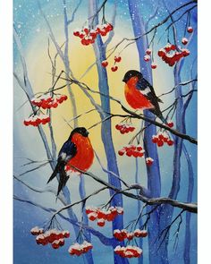 two birds perched on branches with berries in the snow