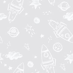 the space shuttle is drawn in white on a light gray background with stars and planets