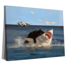 a painting of a cat on top of a shark in the ocean with a ship in the background