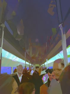 an abstract image of people on a train or bus with blurry images and colors