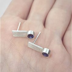 Minimal Stud Earrings Sterling Silver Cubic Zirconia - Etsy Modern Silver Earrings With Birthstone, Modern Silver Birthstone Earrings, Silver Minimalist Birthstone Earrings, Minimal Stud Earrings, Minimal Earrings Studs, Handmade Silver Jewellery, Stud Earrings Silver, Hammered Earrings, Geometric Studs