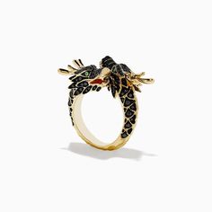 Effy Safari 14K Yellow Gold Black Diamond Double Headed Dragon Ring Symbolic Black Round Jewelry, Black 14k Gold Ring Fine Jewelry, Fine Jewelry Black 14k Gold Ring, Black Enamel Fine Jewelry, Symbolic Black Gemstone Jewelry, Fine Jewelry Black Ring Stamped 14k, Unique Black Snake Ring As A Gift, Anniversary Fine Jewelry With Black Enamel, Symbolic Black Promise Ring Jewelry